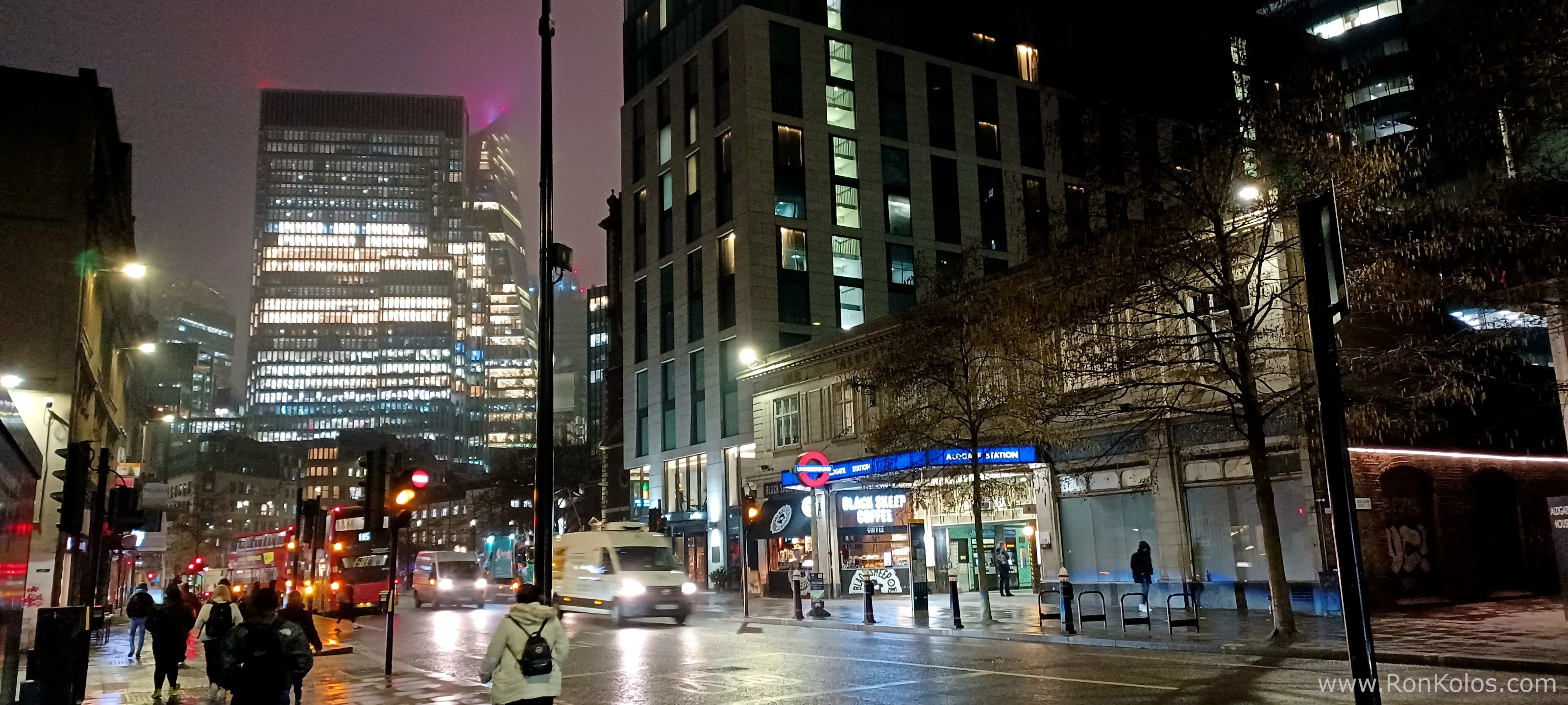 Photo of Aldgate Station in East London very early in the dark morning