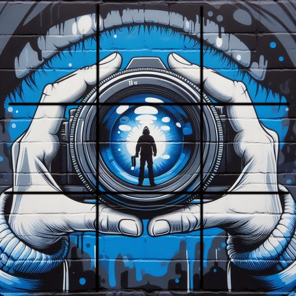Photography lens. Graffiti style illustration. Blue, Black and Gray.