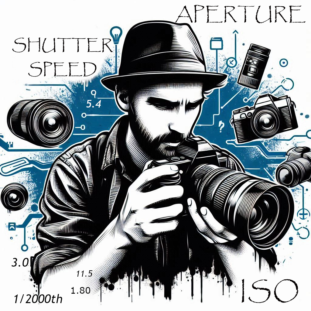 Learn the Exposure Triangle for Photography. Graffiti style illustration. Blue, Black and Gray.