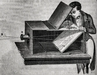 Camera Obscura. Image of a man tracing a picture of a light reflection inside a box.