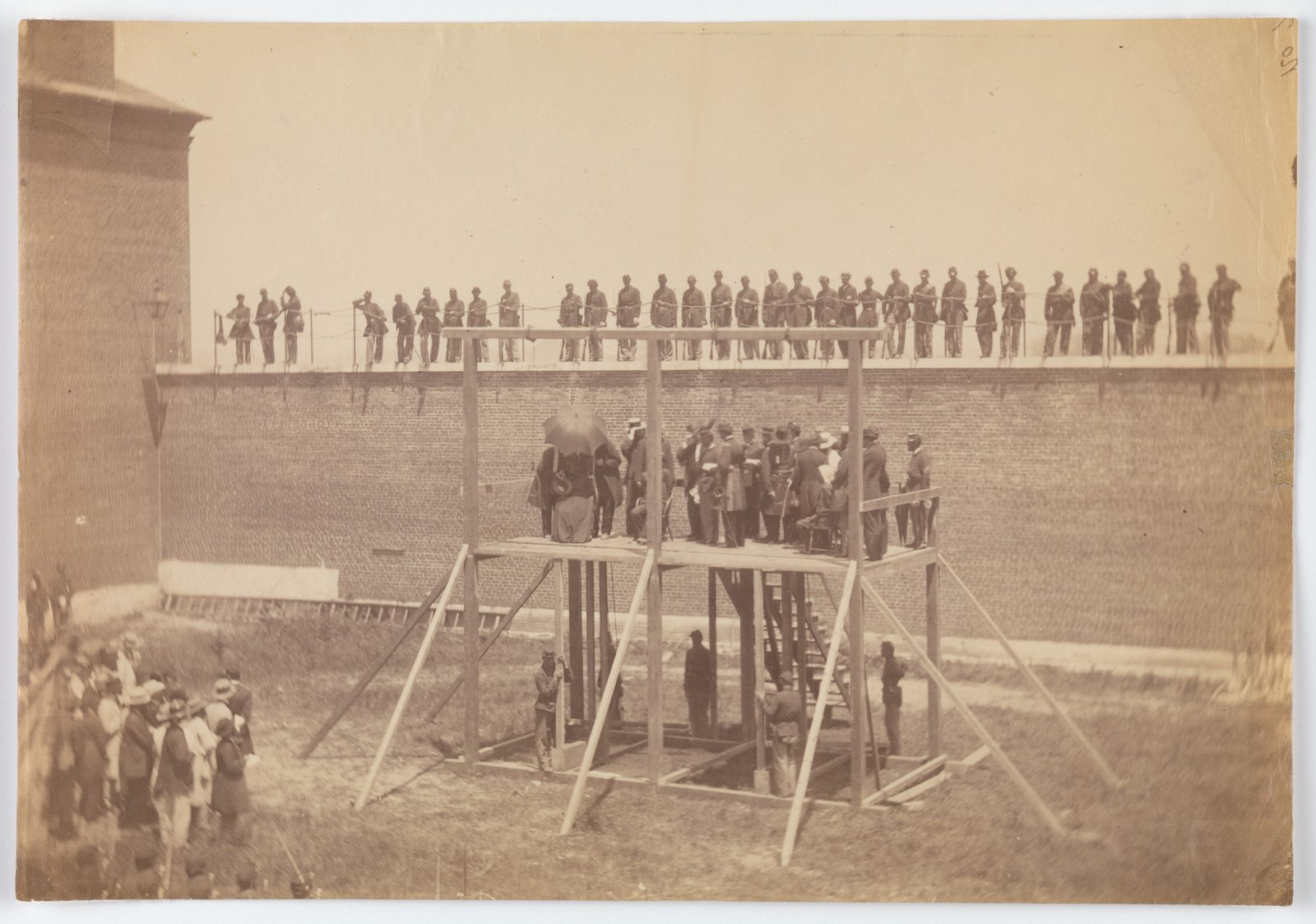 Vintage photograph showing a wooden platform ready for hanging conspirators during the American Civil War.
