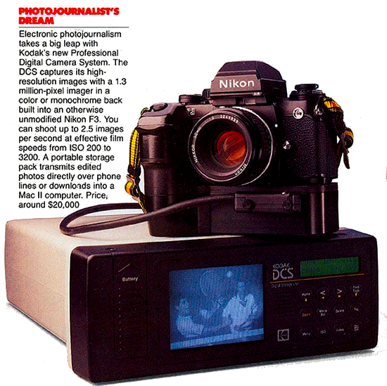 Image shows an old magazine advertisement from the early 1990s showing the Kodak DCS-100, the first fully digital SLR camera marketed for professionals. The camera and the electronic digital monitor adapter still look great to this day.