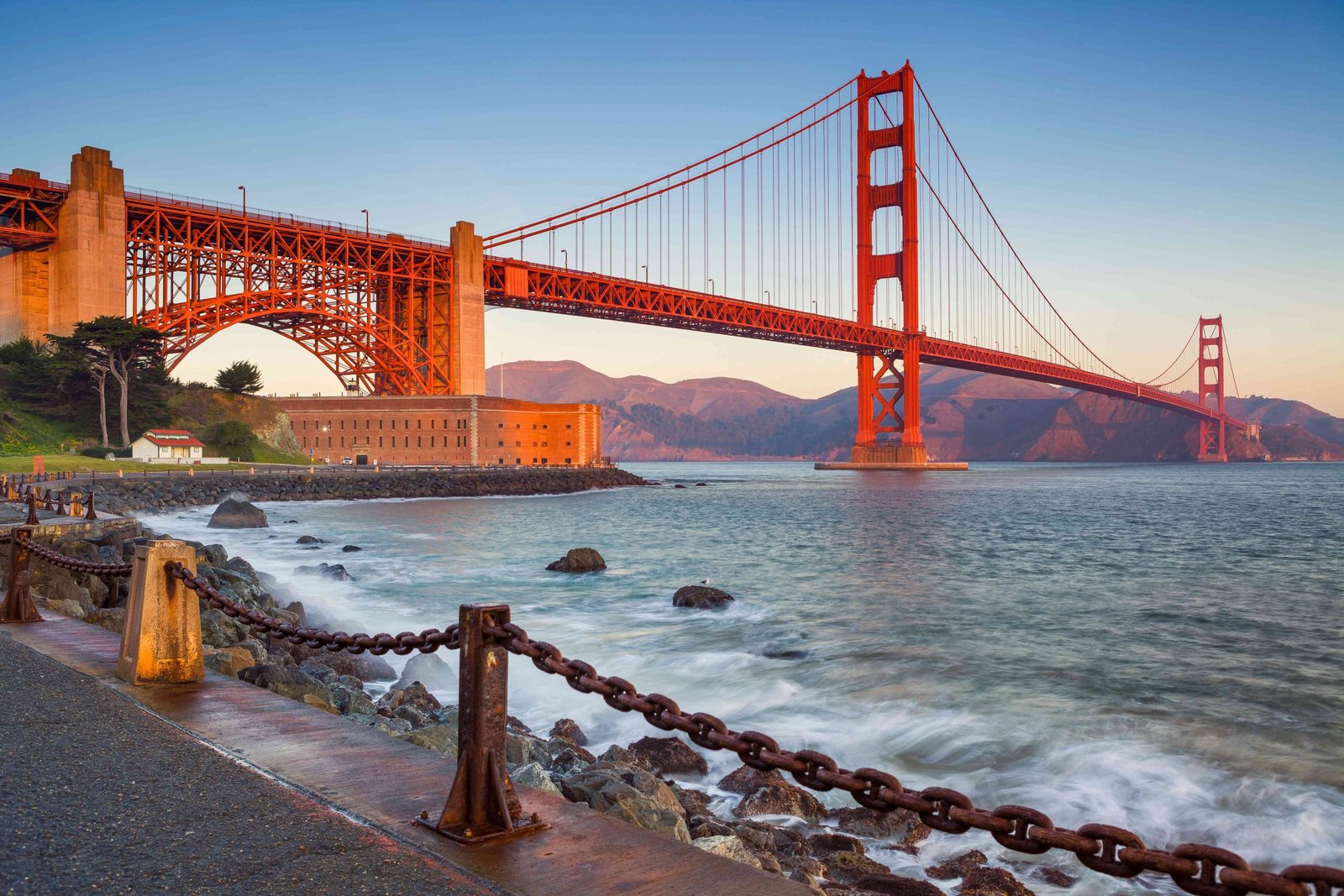 Photo of the Golden Gate Bridge taken from the shoreline