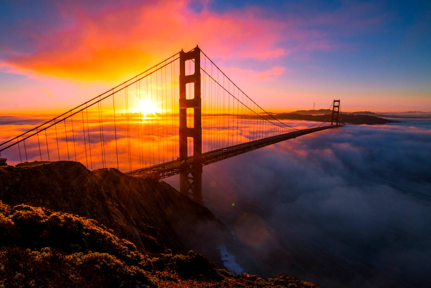 Photo of the Golden Gate Bridge taken from the nearby cliffs