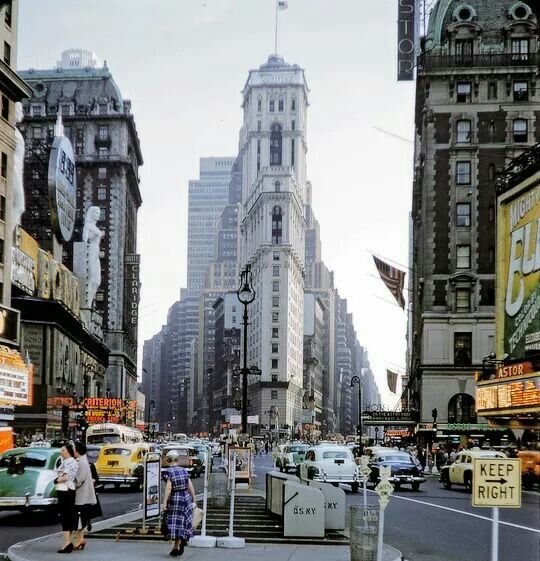Old vintage grainy photo made with an early color camera. The photo is grainy but still looks good. It shows Times Square as it was back then. Less busy looking and slightly less advertisements.